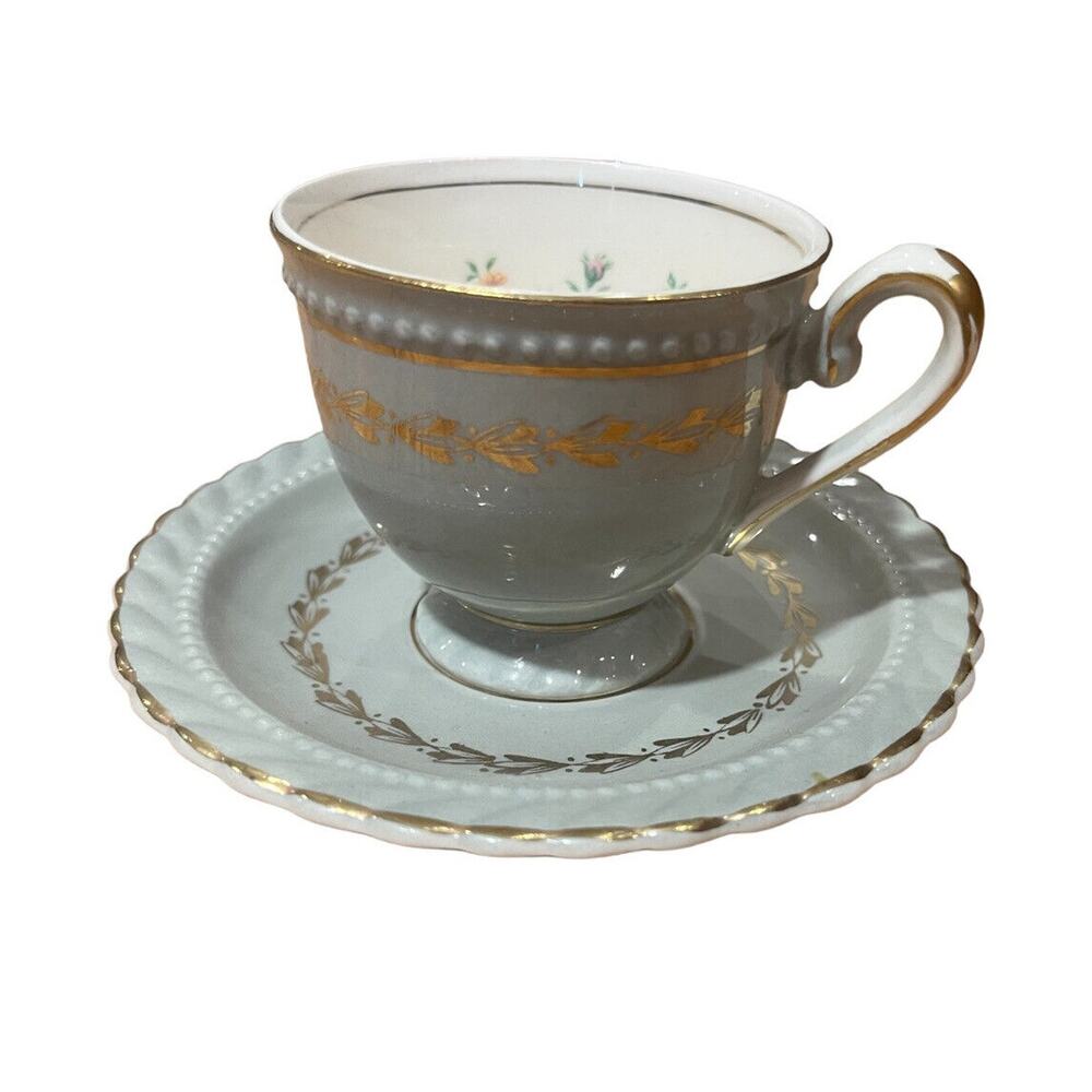 Steubenville Monticello Demitasse Cup and Saucer Gray Floral Set Herman C Kupper
